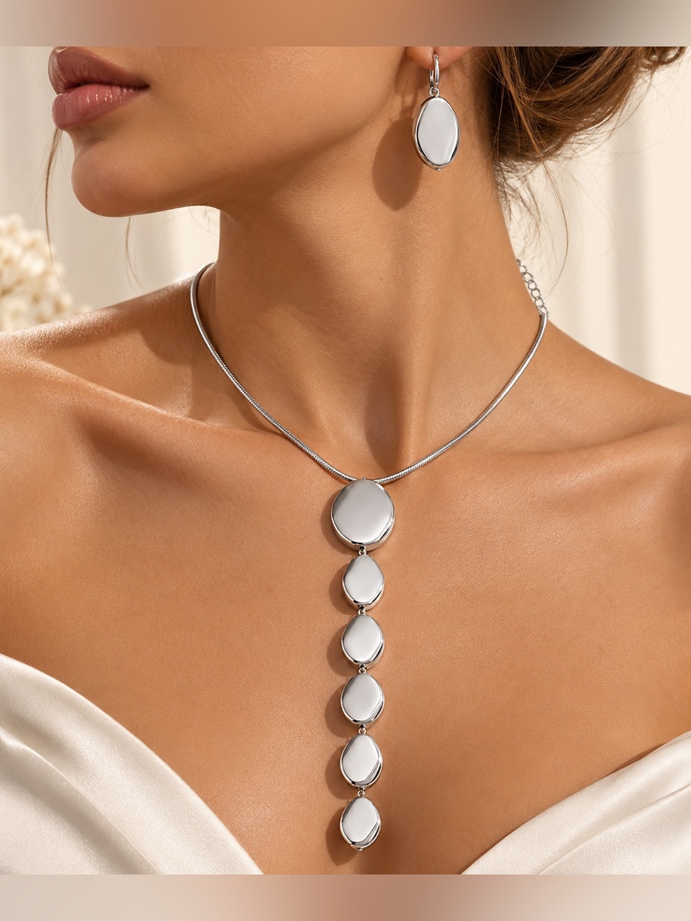Silver Tone Geometric Drop Necklace & Earrings Jewelry Set